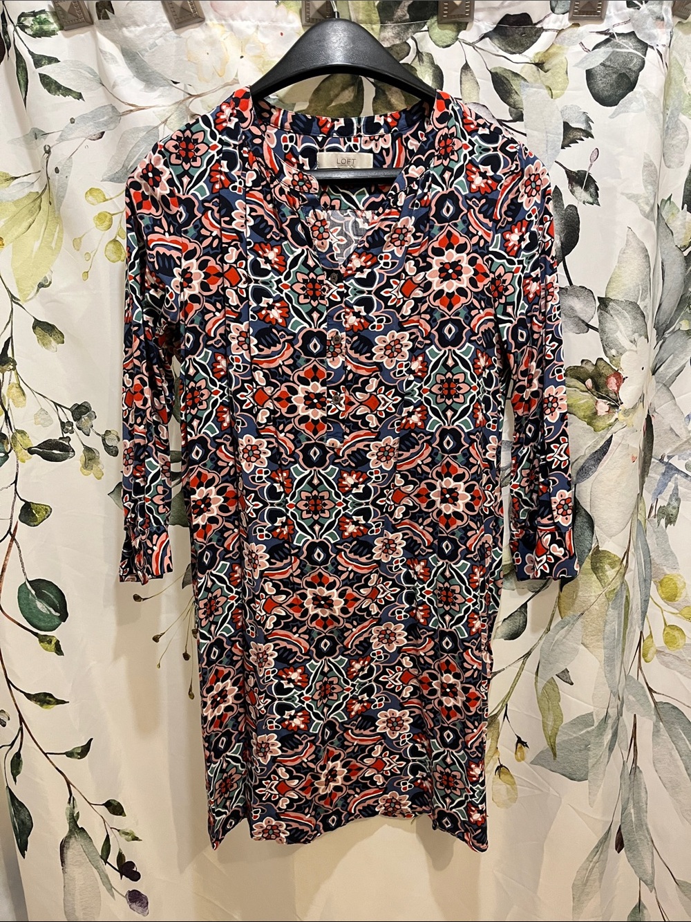LOFT Navy Dress with Coral and Cream Geo Floral Print